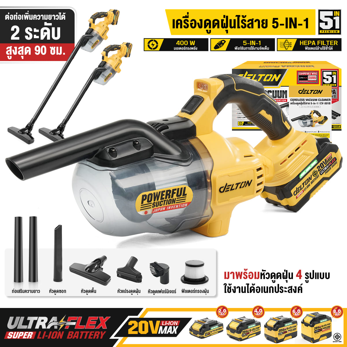 เครื่องดูดฝุ่นแบบมือจับไร้สาย (พร้อมแบตเตอรี่) DELTON รุ่น CV-501B ULTRAFLEX 20V 6AH_12